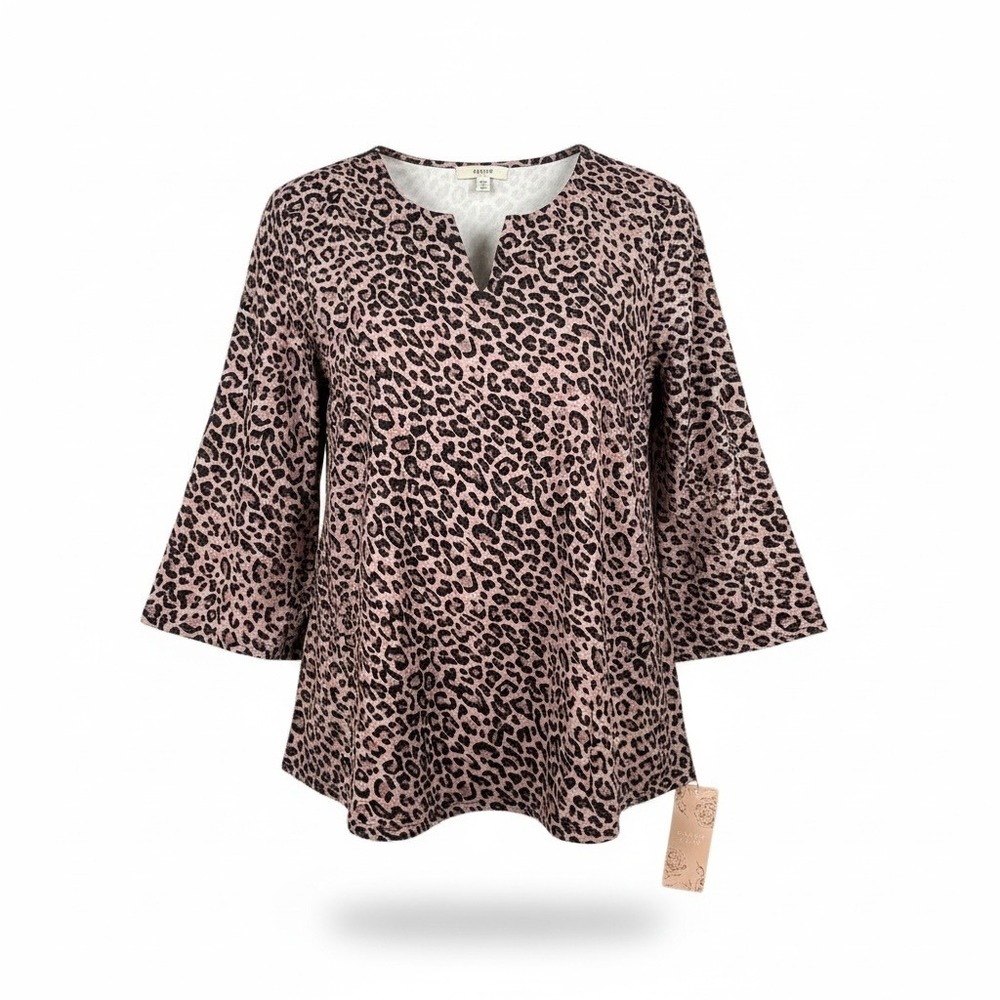 NWT Emery Rose Leopard Print Blouse L V Neck 3/4 Sleeve Jersey Mob Wife Office
